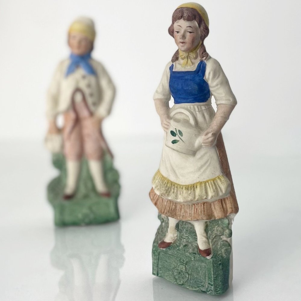 ANTIQUE German Bisque Figurines | Hand Painted Porcelain Farmers Couple |